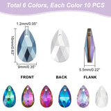 60Pcs 6 Colors Glass Rhinestone Pendants, Pointed Back & Back Plated, Teardrop, Mixed Color, 16x9x5.5mm, Hole: 1.2mm, 10pcs/color