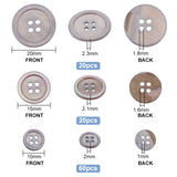 3 Style Natural Shell Buttons, 4-Hole, for Garment Accessories, Flat Round, Gray, 10~20x2~2.3mm, Hole: 1~1.8mm, 100pcs/box