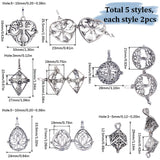 10Pcs 5 Styles Filigree Brass Cage Pendants, For Chime Ball Pendant Necklaces Making, Mixed Shapes, Antique Silver, Inner Measure: 11~27x11~19mm, 2pcs/style