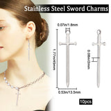 10Pcs 201 Stainless Steel Pendants, Sword Charm, Stainless Steel Color, 45x13.5x2mm, Hole: 1.8mm