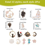 30Pcs 15 Styles Alloy Enamel Charms, Cat Shape, Light Gold, Mixed Color, 13~30x8.5~29x1~3mm, Hole: 1.2~2mm, 2pcs/style