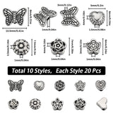 200Pcs 10 Styles Tibetan Style Alloy Beads, Flower & Butterfly/Heart, Antique Silver, 5~7x6~10.5x3~4mm, Hole: 1~1.6mm, 20pcs/style