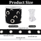 5 Yards Cotton Ribbons with Platinum Tone Iron Eyelet Rings, and 2 Bundles White Cotton Thread, for Garment Accessories, Black, 3/4 inch(19mm)