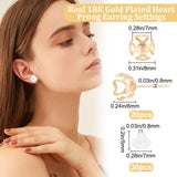20Pcs Ion Plating(IP) Brass Stud Earring Findings, Heart Prong Earring Settings, with 30Pcs Plastic Ear Nuts, Real 18K Gold Plated, 8x6mm, Tray: 7mm, Pin: 0.8mm