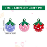 12Pcs 3 Colors Baking Painted Brass Bell Pendants, Strawberry Charm, Mixed Color, 21.5x17.5x17mm, Hole: 2mm, 4pcs/color