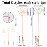 5Pcs 5 Styles Iron Alligator Clips, Steel Spiral Wire Card Note Picture Memo Photo Clips, Bracelet Helper, Gesture/Heart/Star, Rose Gold, 150mm, 1pc/style