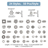 1200Pcs 24 Styles Tibetan Style Alloy Spacers Beads, Lead Free & Nickel Free & Cadmium Free, Gear & Rondelle & Barrel, Mixed Shapes, Antique Silver, 4~8mm, Hole: 1~3.5mm, 50pcs/style