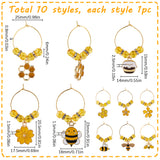 Alloy Enamel Wine Glass Charms, with Glass Beads and Brass Wine Glass Charm Rings, Bee & Honeycomb & Flower, Yellow, 45~55mm, 10pcs/box