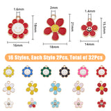 32Pcs 16 Styles Alloy Enamel Pendants, Golden, Flower with Smiling Face Charm, Mixed Color, 15.5~21.3x14~18x1.4~2mm, Hole: 1.4~2.2mm, 2pcs/style