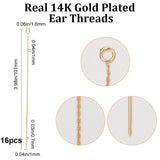 16Pcs Rack Plating Brass Stud Earring Findings, with Hole, Ear Thread, Long-Lasting Plated, Cadmium Free & Lead Free, Real 14K Gold Plated, 101x1mm, Hole: 1.6mm, Pin: 0.7mm