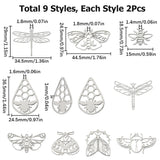 18Pcs 9 Style 304 Stainless Steel & 201 Stainless Steel Filigree Charms, Butterfly & Beetle & Dragonfly, Stainless Steel Color, 15~36.5x18.5~44.5x0.2~1.5mm, Hole: 1.2~1.8mm, 2pcs/style