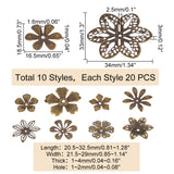 200Pcs 10 Style Iron Bead Caps, Flower, Antique Bronze, 18.5~33x16.5~34x1~3mm, Hole: 1~2.5mm, 20pcs/style
