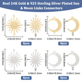24Pcs 4 Styles Brass Connector Charms, Long-Lasting Plated, Sun & Moon Links, Golden & Silver, 16.5~22.5x22~26.5x0.8~1mm, Hole: 1.2mm, 6pcs/style