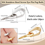 60Pcs 2 Colors 304 Stainless Steel Screw Eye Pin Peg Bails, For Half Drilled Beads, Golden & Stainless Steel Color, 13~14mm, Hole: 6x3mm, Pin: 1.3mm, 30Pcs/color