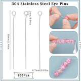 600Pcs 304 Stainless Steel Eye Pins, for Jewelry Making, Stainless Steel Color, 21 Gauge, 50x0.7mm, Hole: 2mm