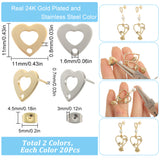 40Pcs 2 Color 201 Stainless Steel Heart Stud Earring Findings, with Hole & 316 Stainless Steel Pin & 40Pcs Ear Nuts, Golden & Stainless Steel Color, 11x11mm, Hole: 1.6mm, Pin: 0.7mm, 20Pcs/color