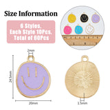 60Pcs 6 Colors Alloy Enamel Pendants, Golden, Flat Round with Smiling Face Charm, Mixed Color, 24.5x20x1.5mm, Hole: 2mm, 10pcs/color