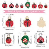 32Pcs 8 Styles Alloy Enamel Pendants, Ladybug Charm, Red, 12~23x10~15x3.5mm, Hole: 1.5~1.6mm, 4pcs/style