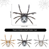3Pcs 3 Colors Alloy Rhinestone Brooch, with Imitation Pearl, Halloween Spider Pins, Mixed Color, 43x48x15mm, 1pc/color