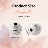 100Pcs Textured Round Brass Beads, Silver, 8mm, Hole: 1.2mm