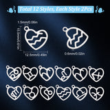 24Pcs 12 Style 304 Stainless Steel Pendants, Laser Cut, Heart with Constellation, Stainless Steel Color, 15.5x12.5x0.6mm, Hole: 1.5mm, 2pcs/style