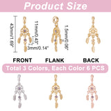 18Pcs 3 Colors Rack Plating Alloy European Dangle Charms, with Tanzanite Rhinestone, Large Hole Beads, Woven Net/Web with Feather, Mixed Color, 43mm, Hole: 4.5mm, Feather: 11x3.5x1.5mm, 6pcs/color