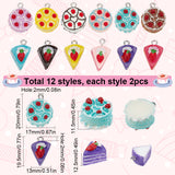 24Pcs 12 Styles Opaque Resin Imitation Food Pendants, Cake Charm with Strawberry, with Platinum Tone Iron Loops, Mixed Color, 19~20x12.5~17x11.5~13mm, Hole: 2mm, 2pcs/style