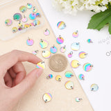 40Pcs 4 Size Vacuum Plating 304 Stainless Steel Charms, with Jump Rings, Blank Stamping Tag, Flat Round, Rainbow Color, 10pcs/size