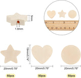 150Pcs 3 Style Star & Heart & Flat Round Unfinished Wood Beads, DIY Decoration Accessories, BurlyWood, 19~20x20x5~6mm, Hole: 1.4~3mm, 50pcs/style