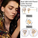 40Pcs Brass Stud Earring Findings, with Cubic Zirconia and with Horizontal Loop, with 40Pcs Ear Nuts, Flat Round, Golden, 6.5x4mm, Hole: 1mm, Pin: 0.5mm