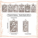 36pcs 6 style Tibetan Style Alloy Pendants, Rectangle with Tarot Pattern, Antique Silver, 23x14x1.5mm, Hole: 1.8mm, 6pcs/style