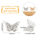 Brass Filigree Joiners Links, with Crystal Rhinestone, 3D Butterfly, Mixed Color, 22.5x33x4~7mm, Hole: 1mm, 2 colors, 8pcs/color, 16pcs/box