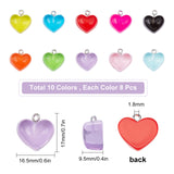 Transparent Resin Pendants, with Platinum Tone Iron Loop, Heart, Mixed Color, 16.5x17x9.5mm, Hole: 1.8mm, 10 colors, 8pcs/color, 80pcs/bag