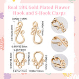 10Pcs Brass Hook and S-Hook Clasps, Flower, Nickel Free, Real 18K Gold Plated, Hook: 20.5x10.5x1.5mm, Hole: 1.4mm, 5.5x7.5mm Inner Diameter, Charms: 15.5x12x1.5mm, Hole: 1.6mm, 6x8mm Inner Diameter.