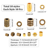 100Pcs 10 Style Tibetan Style Alloy Beads, Lead Free & Cadmium Free, Tube & Column & Tubbish, Mixed Color, 9~14.5x6~12mm, Hole: 3.5~8mm, 10pcs/style