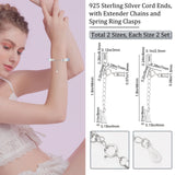 4 Sets 2 Style 925 Sterling Silver Cord Ends, with Extender Chains, Teardrop Charms and Spring Ring Clasps, Silver, 46~48mm, Inner Diameter: 1.5~1.8mm, 2 Sets/style