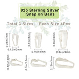 12Pcs 3 Size 925 Sterling Silver Snap on Bails, with 925 Stamp, Silver, 7~10x3~6x2.5~3mm, Hole: 2~3x5.5~8.5mm, 4Pcs/size