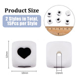 30Pcs 2 Style Cube Food Grade Eco-Friendly Silicone Beads, Chewing Beads For Teethers, DIY Nursing Necklaces Making, Cube with Heart & Star, White, 12x12x12mm, Hole: 3mm, 15pcs/style