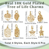 24Pcs 4 Style Rack Plating Brass Charms, with Jump Ring, Lead Free & Cadmium Free, Hollow, Heart/Flat Round/Star/Rectangle with Tree of Life Charm, Real 18K Gold Plated, 12~13x10~10.5x1.5mm, Hole: 3mm, 6pcs/style