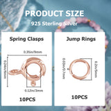 10Pcs 925 Sterling Silver Spring Ring Clasps, with 10Pcs Open Jump Rings, Rose Gold, 9x6x1.5mm, Hole: 3mm