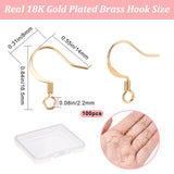 100Pcs Long-Lasting Plated Brass French Earring Hooks, Flat Earring Hooks, Ear Wire, with Horizontal Loop, Real 18K Gold Plated, 19x17x3mm, Hole: 1.5mm, 21 Gauge, Pin: 0.7mm