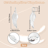5Pcs 925 Sterling Silver Pendants, with Jump Rings, Wing Charms, Silver, 19x6.5x1.2mm, Hole: 4mm