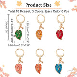 18Pcs 6 Color Alloy Enamel Leaf Charms Locking Stitch Markers, with Gold Tone 304 Stainless Steel Leverback Earring Findings, Mixed Color, 35mm, Pin: 1x0.8mm, 3Pcs/color