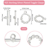 10Pcs Eco-friendly Brass Toggle Clasps, Cadmium Free & Lead Free, Long-Lasting Plated, Ring with Flower, 925 Sterling Silver Plated, Ring: 13x11x2mm, Bar: 4.5x16x1.5mm, Hole: 1.2mm