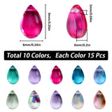 150Pcs 10 Colors Transparent Glass Beads, Top Drilled Beads, Teardrop, Mixed Color, 9x6x5mm, Hole: 1mm, 15Pcs/color