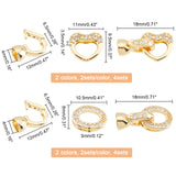 8Sets 4 Style Brass Micro Pave Clear Cubic Zirconia Fold Over Clasps, Oval & Heart, Real Gold Plated & Real Platinum Plated, Inner: 4mm, 2sets/style