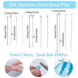 600Pcs 3 Styles 304 Stainless Steel Flat Head Pins, Stainless Steel Color, 35~65x0.7mm(21 Gauge), 200pcs/style