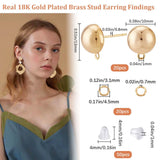 20Pcs Brass Stud Earring Findings, with Horizontal Loop, Half Round, with 20Pcs Jump Rings & 50Pcs Plastic Ear Nuts, Real 18K Gold Plated, 13x10mm, Hole: 1mm, Pin: 0.8mm