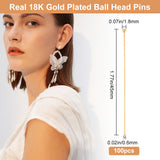 100Pcs Brass Ball Head Pins, Real 18K Gold Plated, 22 Gauge, 45x0.6mm, Head: 1.8mm