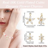 6Pcs 2 Style Brass Micro Pave Clear Cubic Zirconia Pendants, Flower, Real 18K Gold Plated, 15~21x11~18.5x4.5~5mm, Hole: 1.4~1.8mm, 3pcs/style